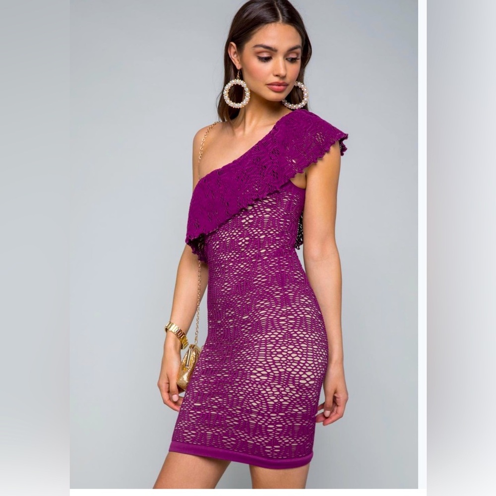 Bebe One Shoulder Crochet Lace Bodycon Mini Dress Pink NWT
